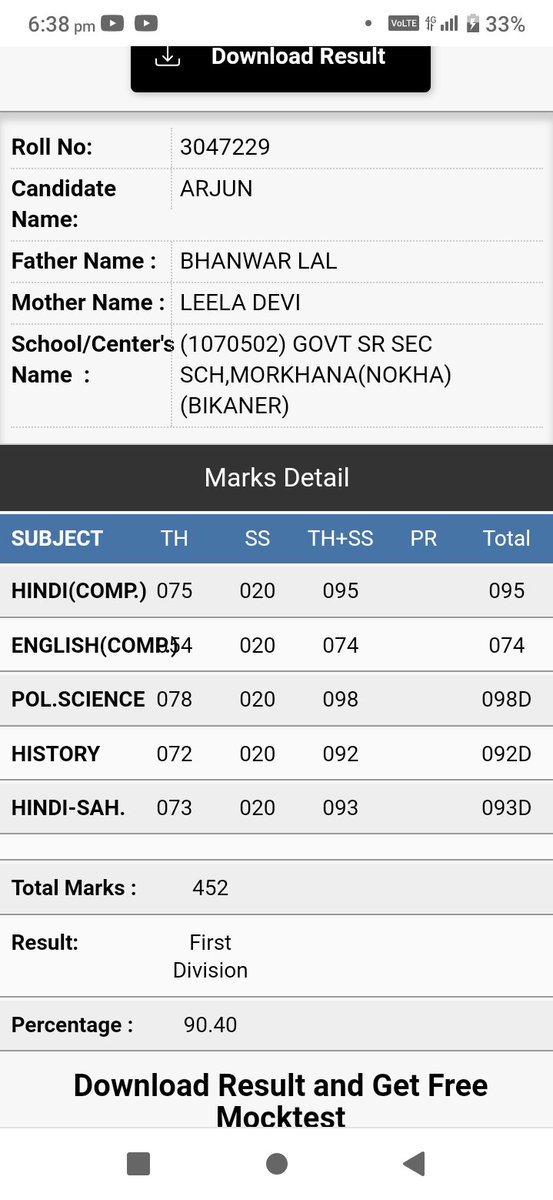 Class 12th अर्जुन पंचारिया सिंधू का परिणाम 90.40% 
School rank👉5