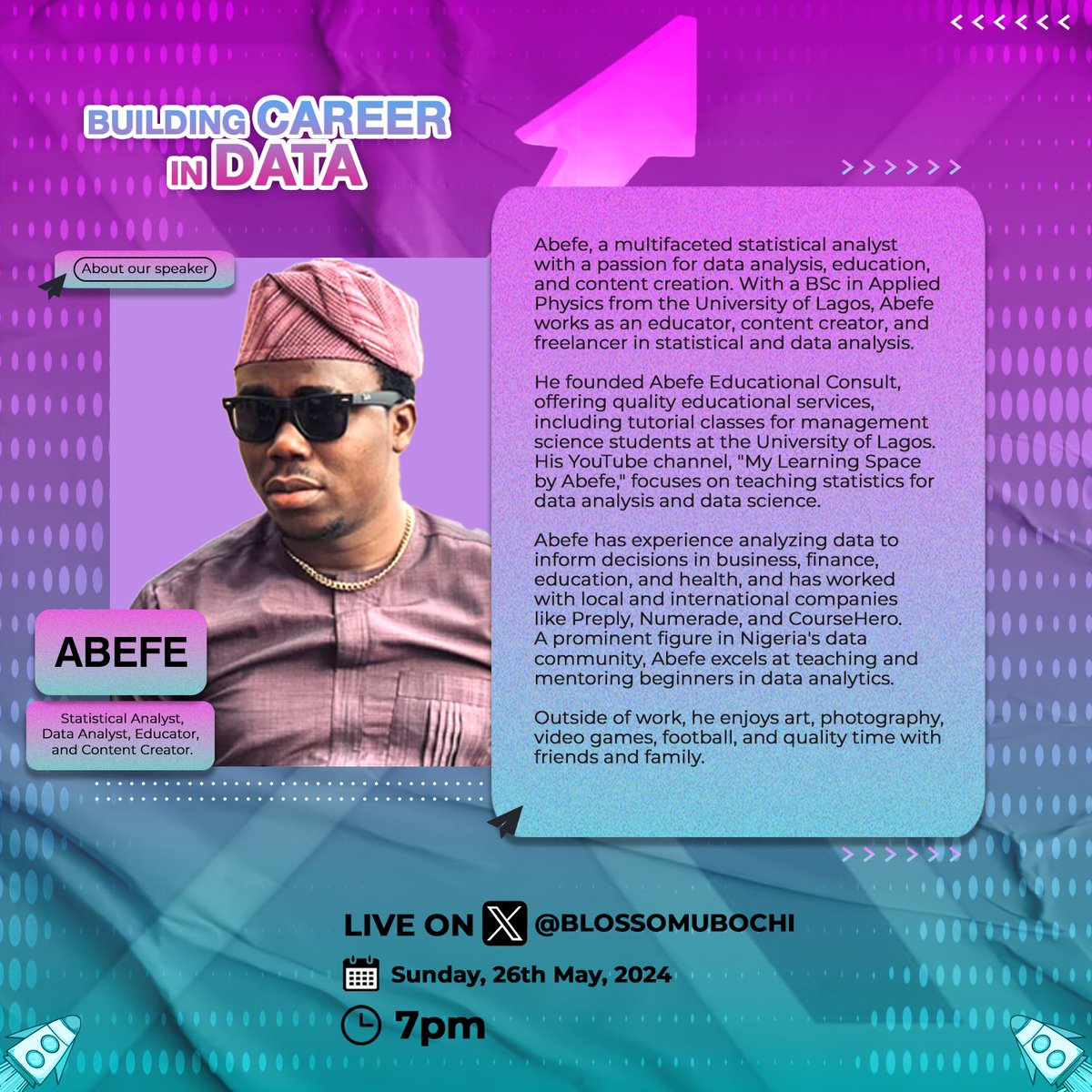 Meet @starboy_abefe, he is much more than a data analyst. So, I know for a fact that he'd have a lot to share with us. So, make sure to be there!