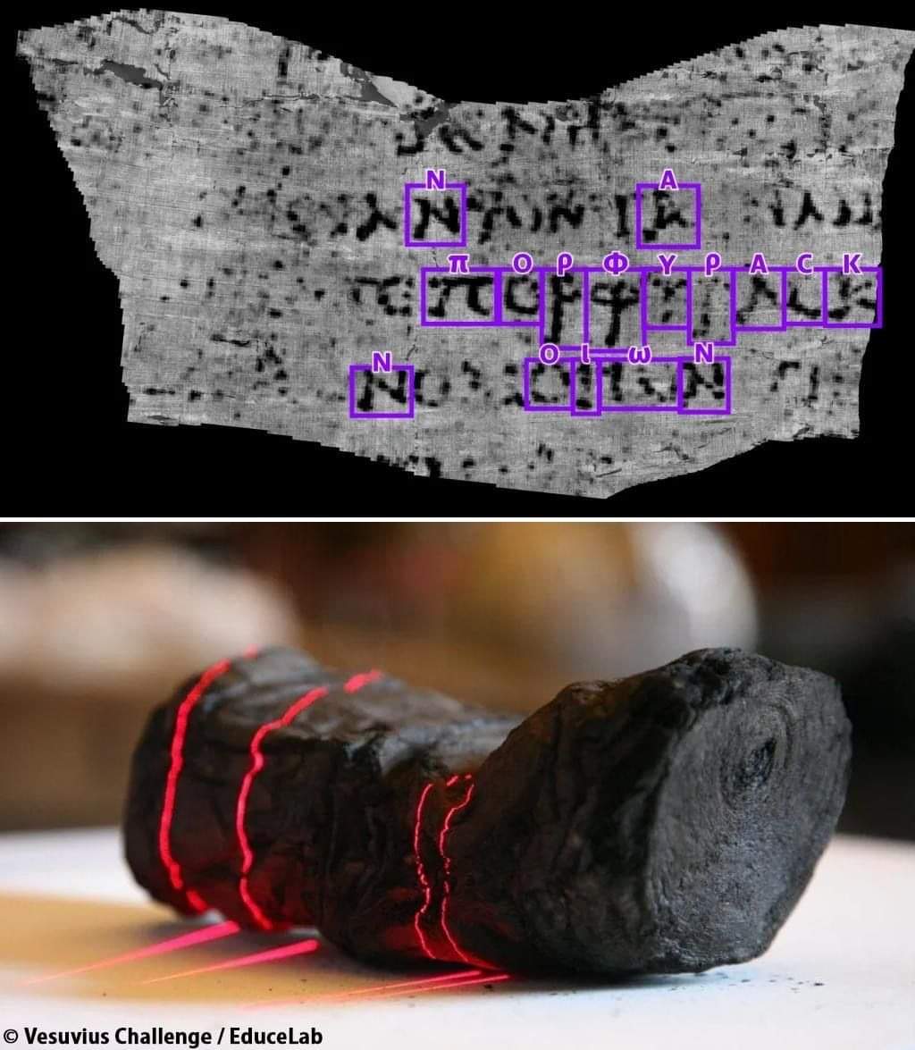 A 21-year-old student successfully deciphered the first word from the Herculaneum scrolls, charred during Mount Vesuvius’ eruption :

A 21-year-old computer science student, Luke Farritor from the University of Nebraska-Lincoln, has emerged victorious in the Vesuvius Challenge,