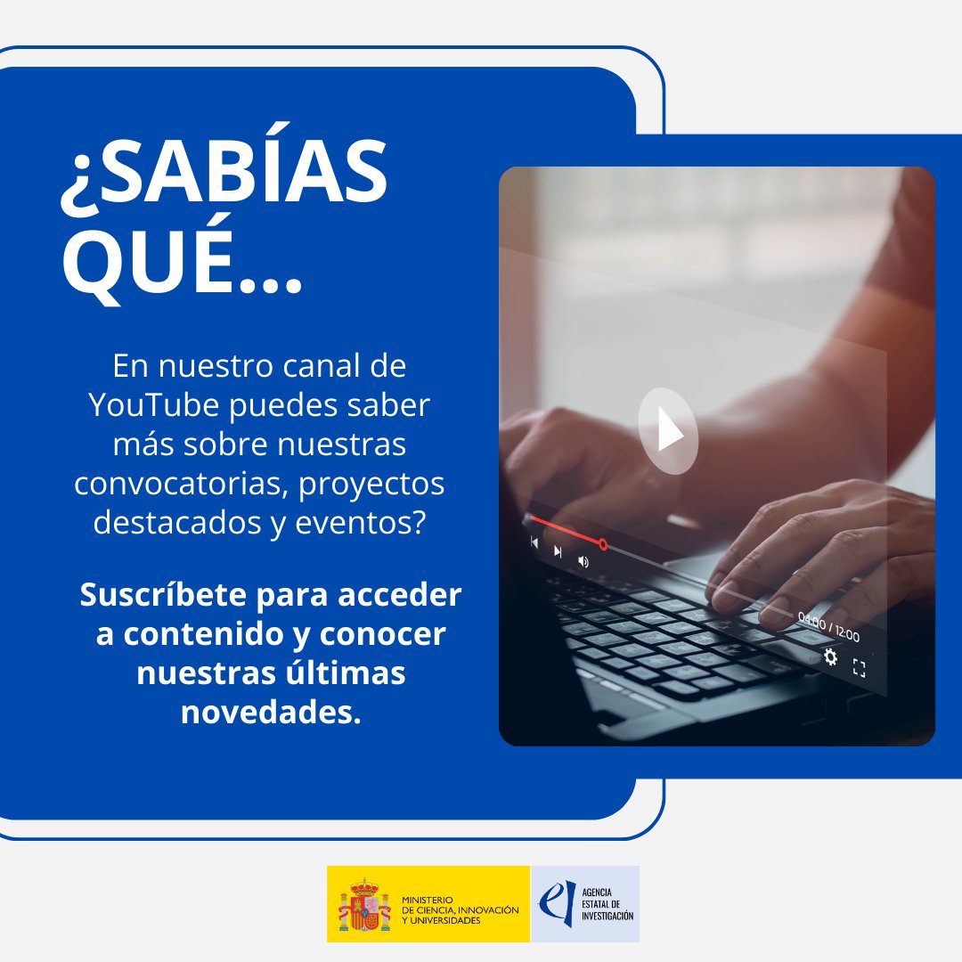 🔬¿Sabías que promovemos la investigación científica y técnica en todas las áreas del saber? ➡️ En nuestro canal de YouTube, te acercamos al mundo de la ciencia y la innovación. 💡 Proyectos destacados, ayudas, webinarios, foros, cursos de igualdad de género en la ciencia,