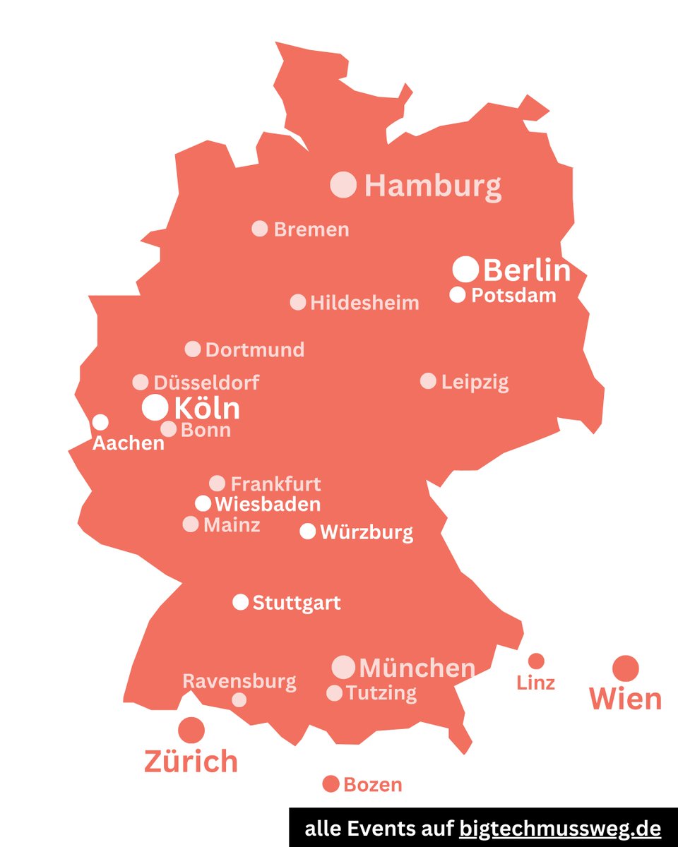 BIG TECH MUSS WEG schon >50 Vorträge in 25 Städten. Checkt gern die genauen Termine auf der Webseite und schaut nach, ob es noch Tickets gibt. Der Vortrag Donnerstag (23. 5.) ist übrigens um 15.15 Uhr in HS 1 auf den Campus des Hasso-Plattner Instituts der Universität Potsdam.