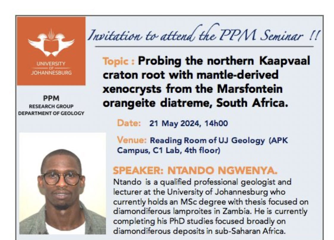 Join us TODAY for a PPM Seminar
Time: 14:00 pm
Venue: Reading Room of UJ Geology (APK Campus, C1Lab Building, 4th floor).

Our speaker is Ntando Ngwenya (PhD, UJ)

Virtual attendees⬇️

Zoom details are as follows:
lnkd.in/du9y-EaX
Meeting ID: 865 5259 7230
Passcode: 123175