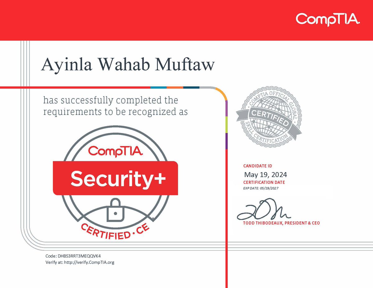 Persistence pays off!  After months of studying, I've finally passed the CompTIA Security+ certification.  Ready to tackle new challenges in the ever-evolving world of cybersecurity. #Dedication #Persistence #CybersecurityMatters @CompTIA  #NeverStopLearning