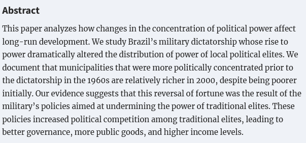 Forthcoming article by <a href="/claudferraz/">Claudio Ferraz</a> Frederico Finan and <a href="/monicambravo/">Mònica Martínez Bravo</a> "Political Power, Elite Control, and Long-Run Development: Evidence from Brazil" <a href="/EEANews/">EEA</a> @OUPEconomics
doi.org/10.1093/jeea/j…
