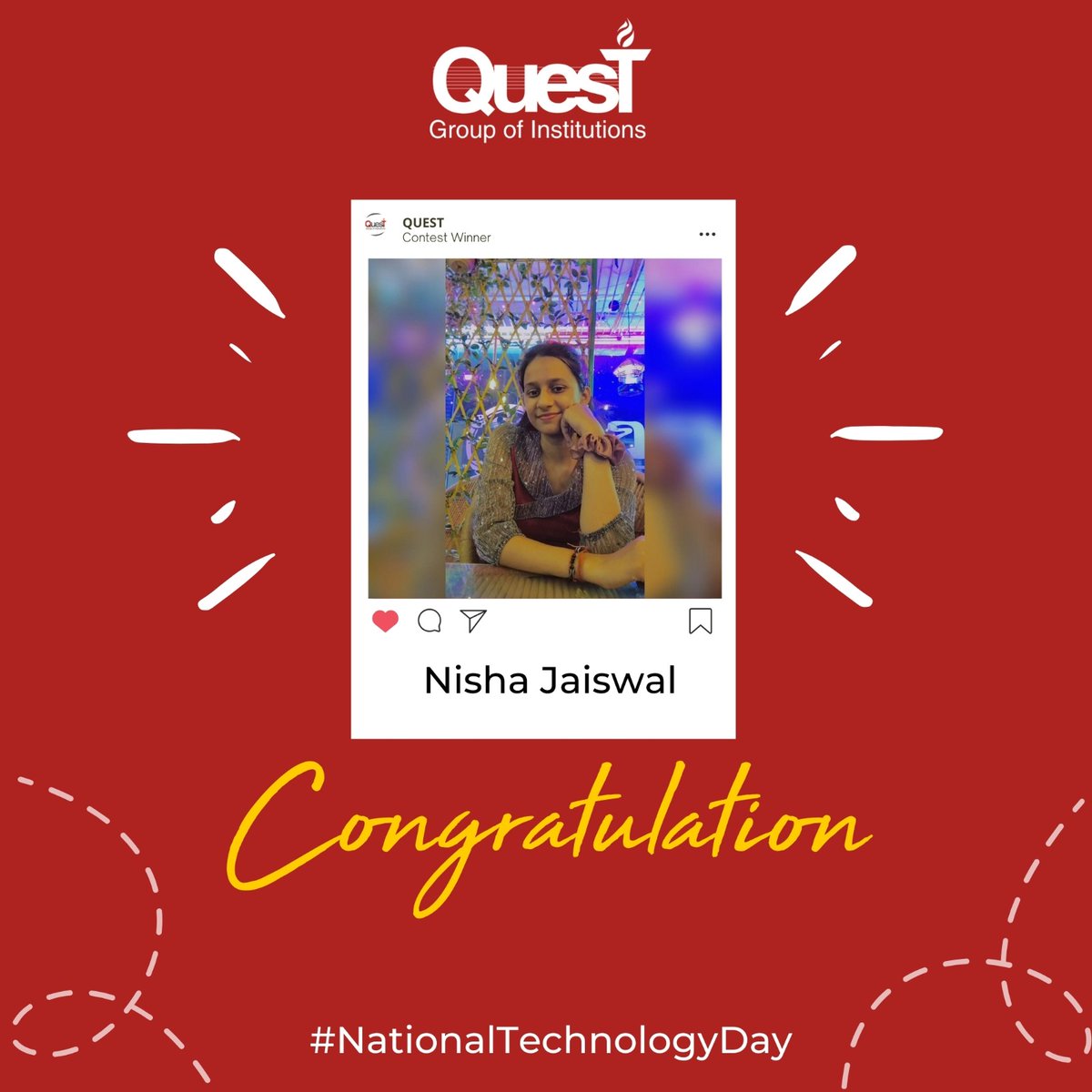 A big thank you to everyone who participated in the contest! 😃 Congratulations to Miss Nisha Jaiswal, our National Technology Day contest winner! Your voucher will be generated soon! Stay tuned for more exciting contests by Quest Group of Institutions! ✌️#ContestWinner #QGI