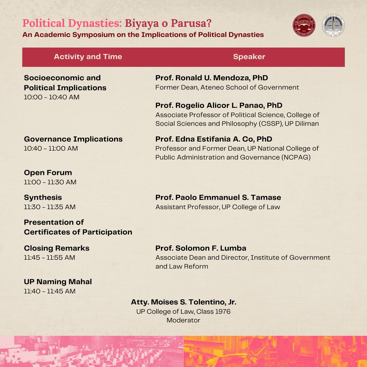 UPCollegeofLaw's tweet photo. The UPLC-IGLR invites you to an academic symposium entitled, “Political Dynasties: Biyaya o Parusa?” on May 24, 2024 (Friday) from 8:30 AM - 12:00 NN at the Malcolm Theater, UP College of Law, Quezon City.
You may still register at: https://t.co/dMY7L8j1ul
#UPLawCenter #UPIGLR https://t.co/hQWcN2rQQ6