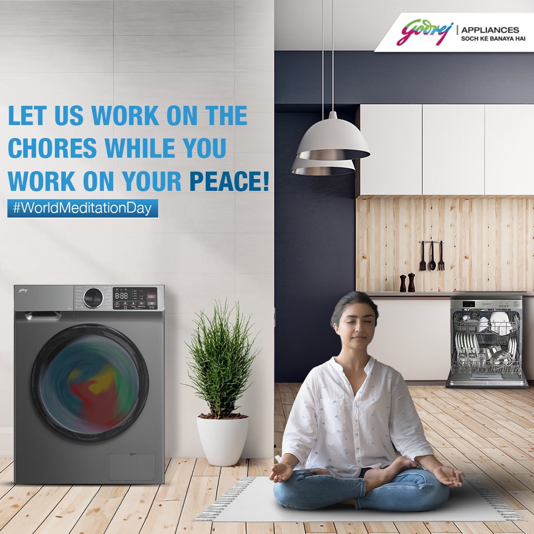 Relax, rest, and meditate with peace of mind, knowing that Godrej Appliances will handle all your chores like a pro😌 #WorldMeditationDay #Godrej #GodrejAppliances #GodrejWashingMachine #GodrejDishwasher #HomeAppliances #ThingsMadeThoughtfully #SochKeBanayaHai