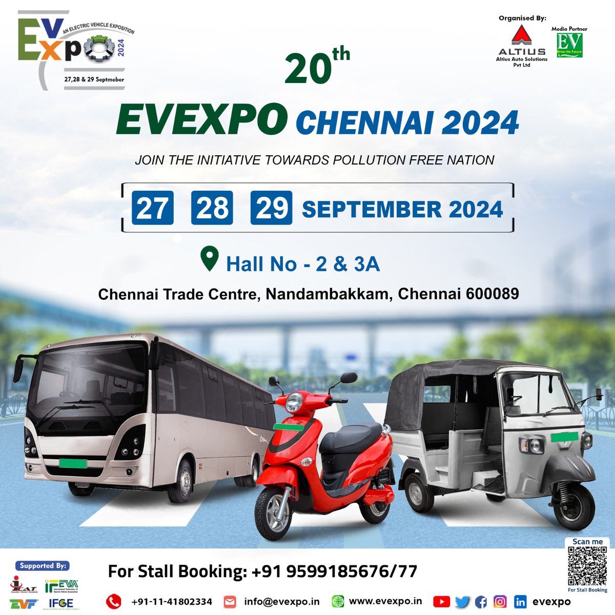 🌟 Get ready to witness the future of mobility at the 20th EvExpo Chennai 2024! 🚀 🗓️ 27, 28 & 29 September 2024 ⏰ 10:00am - 6:00pm 📌Hall – 2 & 3A, Chennai Trade Centre, Book Your Stall Now! Contact : 95991 85676/77 #electricvehicle #mobility