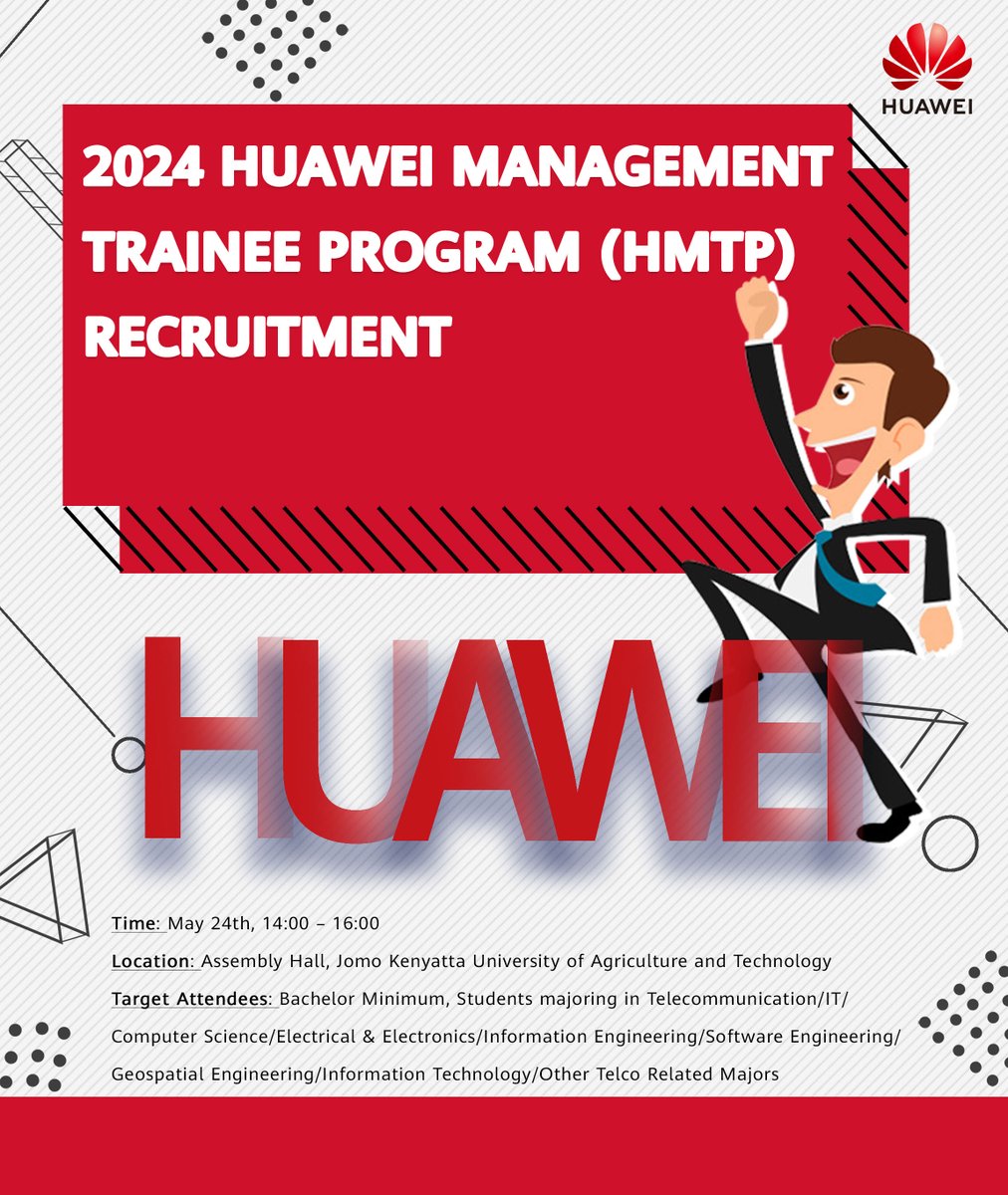 The journey to this year's Huawei Management Trainee Program (HMTP) continues! This Friday on the 24th of May we will be at @DiscoverJKUAT's Assembly Hall from 2pm to talk more about the program and what it has to offer. You do not want to miss out on this one. See you there!