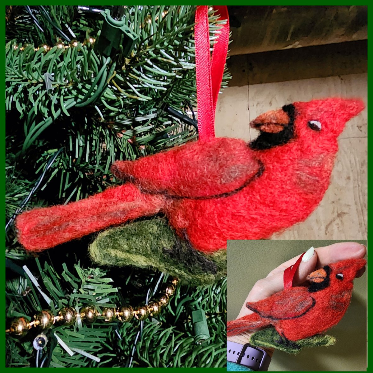 He's surprisingly hard to photograph well, but this shows the northern cardinal I needlefelted the past week, the inset photo gives you an idea of the size. I find birds in general fun to create, partly because of their bright colours. #needlefeltfun