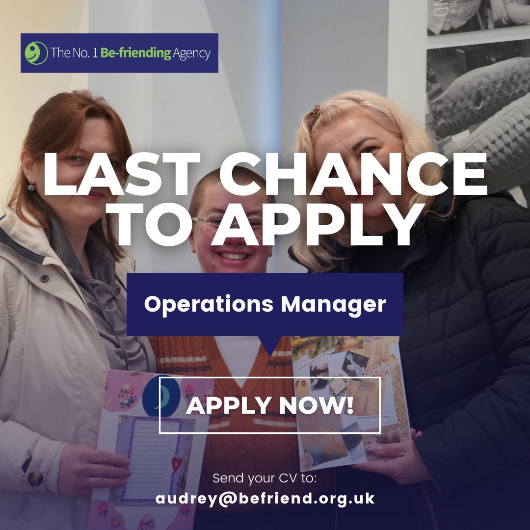 No.1 Care & Be-friending Agency (@no1befriending) on Twitter photo Last chance to apply! โฐ
๐ผ Operations Manager
๐ Glasgow, 51 Cadogan Street, G2 7HF
๐ Part-time, 28 hrs/week
๐ฐ Salary: From ยฃ33,000 p.a.
๐
Fixed term until March 2026
Apply by May 24, 12pm via audrey@befriend.org.uk
Details: befriend.org.uk/vacancies Last chance to apply! โฐ
๐ผ Operations Manager
๐ Glasgow, 51 Cadogan Street, G2 7HF
๐ Part-time, 28 hrs/week
๐ฐ Salary: From ยฃ33,000 p.a.
๐
Fixed term until March 2026
Apply by May 24, 12pm via audrey@befriend.org.uk
Details: befriend.org.uk/vacancies