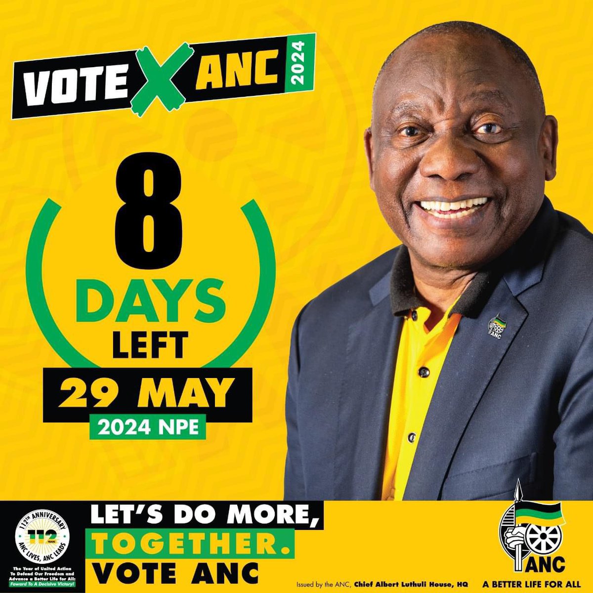 8 Days to go until the 2024 National and Provincial Elections, vote ANC on the 29th of May 2024! 1st Ballot: #VoteANC ❎ 2nd Ballot: #VoteANC ❎ 3rd Ballot: #VoteANC ❎ #VoteANC2024 #LetsDoMoreTogether ⚫️🟢🟡