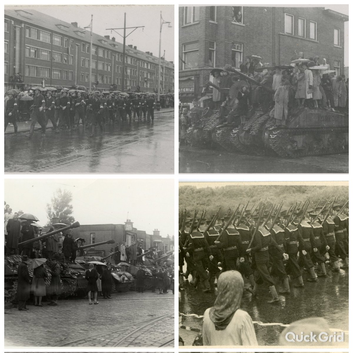 21 mei 1945. Overwinningsparade in Den Haag. Vliegtuigen van de RAF vlogen over. Duizenden Hagenaars stonden in de regen langs de route naar het De Savornin Lohmanplein en zagen de eenheden van het Canadese leger, 21 muziekkorpsen, tanks en pantserwagens.