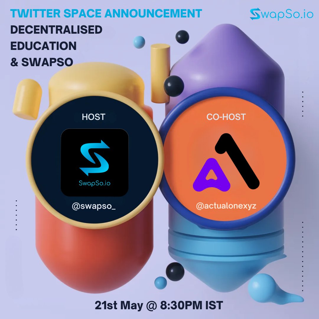 Another day, another Twitter Space 😁 We are happy to announce our partnership with @swapso_ , an IIT Bombay based EdTech community 🥳 Tune in today at 8:30 PM to know more about Education Sector in Web3 🥸 Link - x.com/i/spaces/1BdGY…