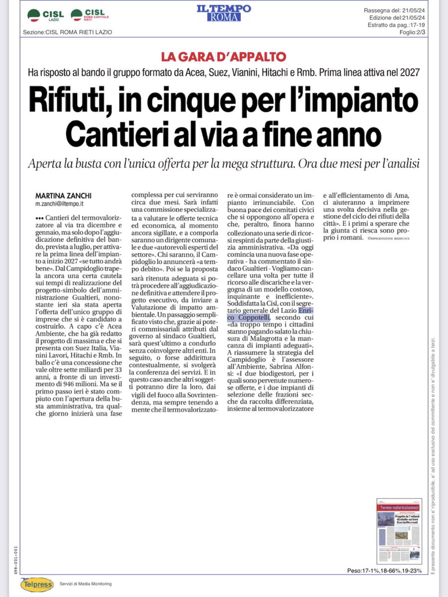 CislRomaRieti's tweet photo. Oggi su 
Corriere della Sera 
Il Messaggero
Il Tempo

Rassegna Stampa con l’intervento di Enrico Coppotelli su Termovalorizzatore #Roma dove ieri è stata aperta la busta della gara pubblica. https://t.co/JAIJnbtZAv