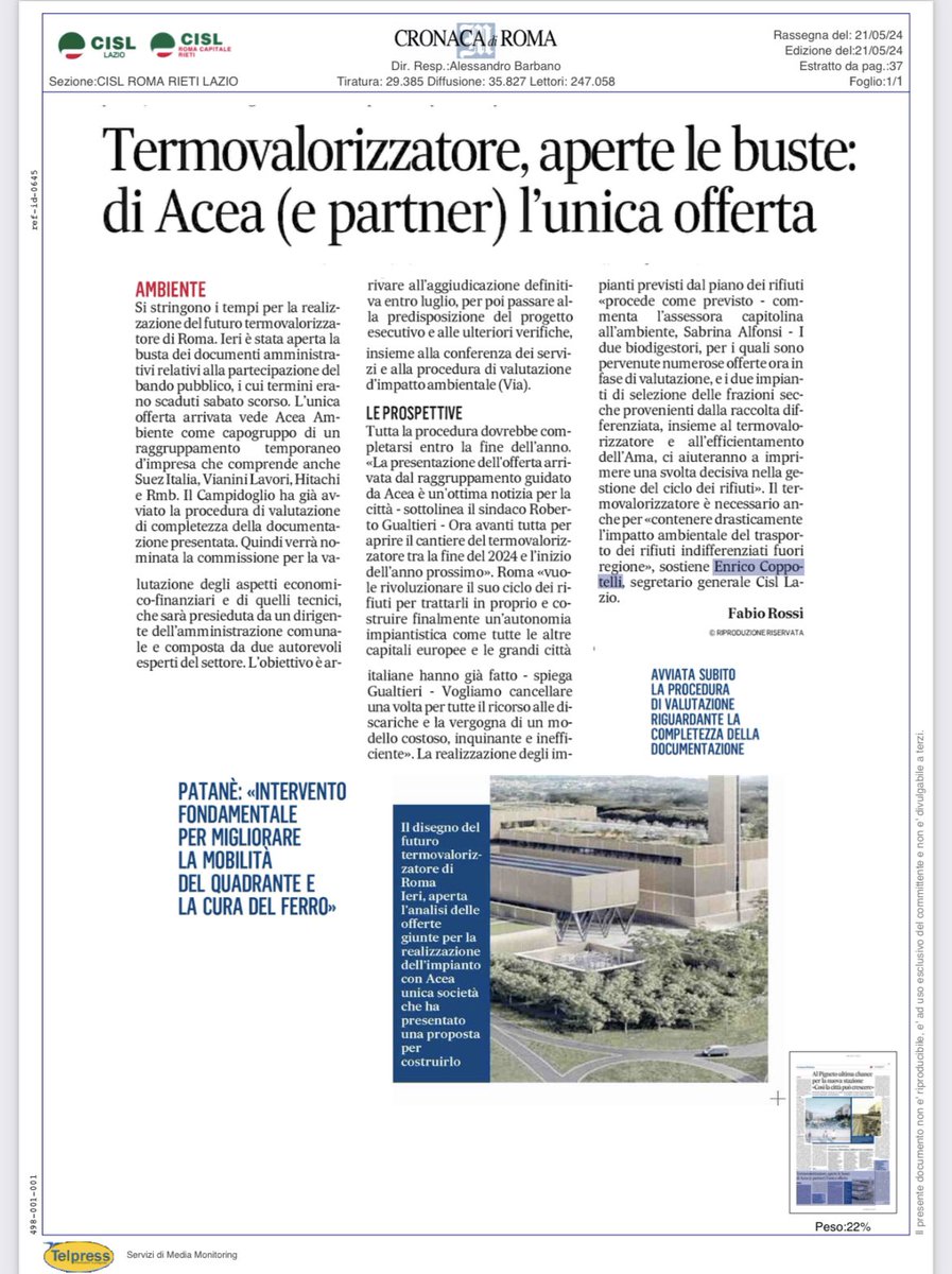 CislRomaRieti's tweet photo. Oggi su 
Corriere della Sera 
Il Messaggero
Il Tempo

Rassegna Stampa con l’intervento di Enrico Coppotelli su Termovalorizzatore #Roma dove ieri è stata aperta la busta della gara pubblica. https://t.co/JAIJnbtZAv