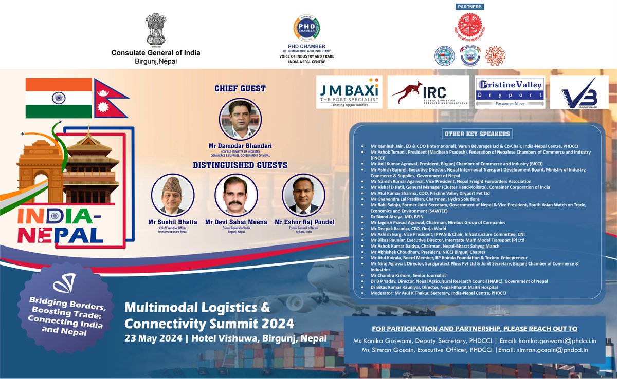 Under the aegis of its “India-Nepal Centre” and “Gati Shakti Development Forum” and in association with @in_birgunj @IndiaInNepal, FNCCI, BICCI, NICCI and NCC, PHDCCI is organising “India-Nepal Multimodal Logistics & Connectivity Summit 2024” |@IBNCEO @EONIndia @IBNOffice