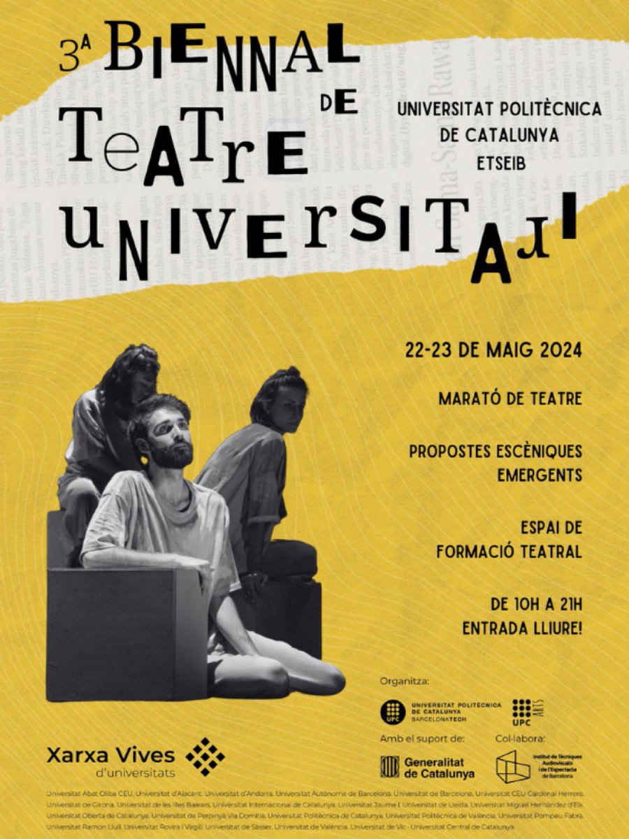 Els dies 22 i 23 de maig té lloc la Biennal de Teatre Universitari de la @xarxavives: 13 representacions de 10 universitats. A l'@etseib_UPC. Vine a descobrir nous talents i propostes escèniques emergents! L' @AuladeTeatreUdG hi participa amb 'Una fugida de la realitat'