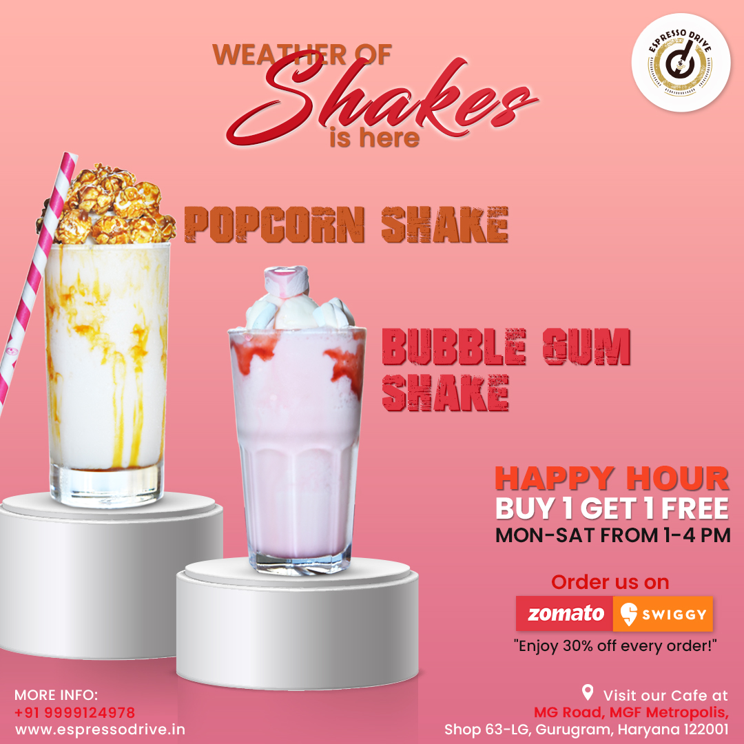 EspressoDrive's tweet photo. If you’re in #Gurugram looking for a refreshing...At
@EspressoDrive, they offer a delightful array of shakes that will surely tantalize your taste buds. #PopcornShake & #BubbleShake. Discount Alert:🎉Order #Swiggy & #Zomato App, enjoy a fantastic 30% off! https://t.co/QePMqtsaw6 https://t.co/kHsEIsMbar