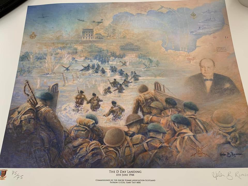 Our D-Day prints, only 75 limited edition, the painting was commissioned by our charity, produced by the brilliant Scots artist Helen Runciman. A3 in size, depicts Britain, France, Sir Winston Churchill, Royal Navy, British Army and Royal Air Force. #WW2 #Normandy #DDay80