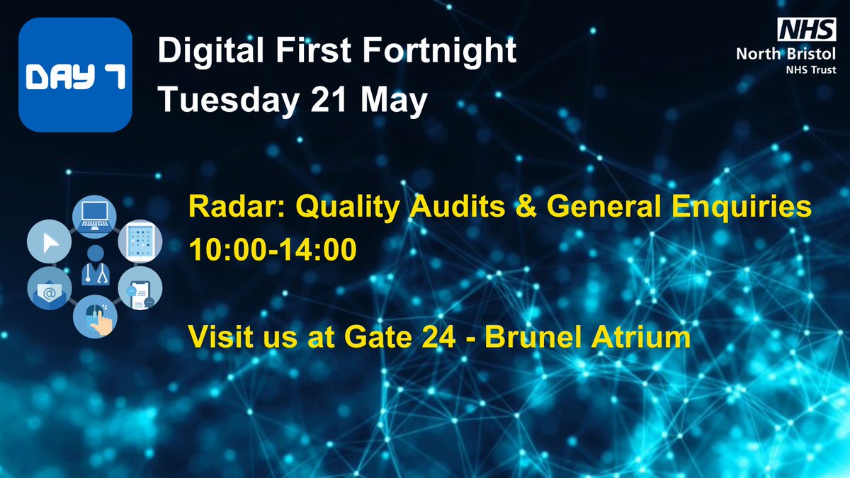 North Bristol NHS Digital (@nbrisnhsdigital) on Twitter photo It's Day 7 of Digital First Fortnight <a href="/NorthBristolNHS/">North Bristol NHS Trust</a>, and we welcome back the team responsible for Radar: our new tool connecting NBT's Quality Governance systems in support of a better patient and staff experience. Come along, say hi, and find out more from 10am... It's Day 7 of Digital First Fortnight <a href="/NorthBristolNHS/">North Bristol NHS Trust</a>, and we welcome back the team responsible for Radar: our new tool connecting NBT's Quality Governance systems in support of a better patient and staff experience. Come along, say hi, and find out more from 10am...