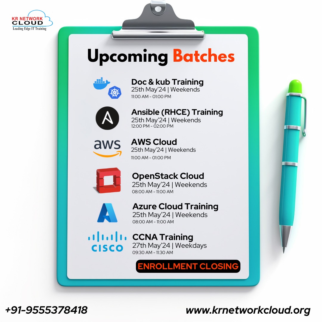 Are you ready to take your IT skills to the next level? Join KR Network Cloud's next training sessions to become a certified expert in cloud technologies, networking, and more! Don't miss out on this opportunity to further your career! Call +91-9555378418