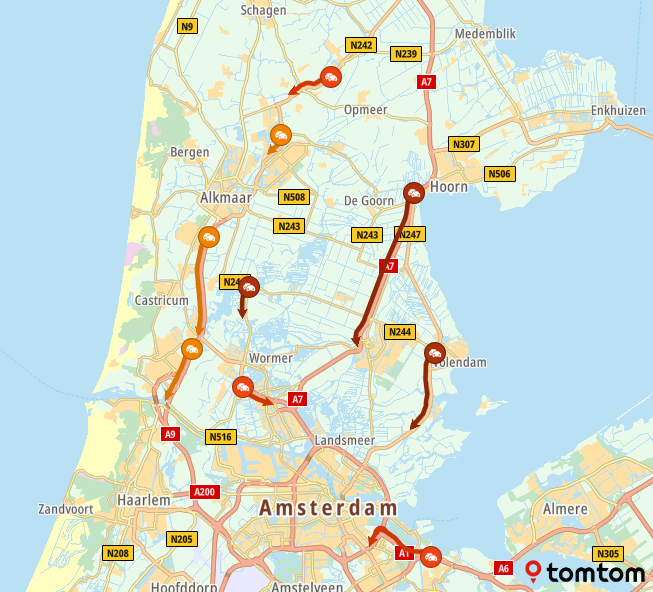 ANWBverkeer's tweet photo. Een drukke ochtend in Noord-Holland vanwege de werkzaamheden bij Purmerend op de #A7.
Op de A7 nu een file van 14 km, +1 uur.
Omrijders staan o.a. in de file op de #N247 Hoorn ► Amsterdam, +30 min. https://t.co/F2UHEOW1co