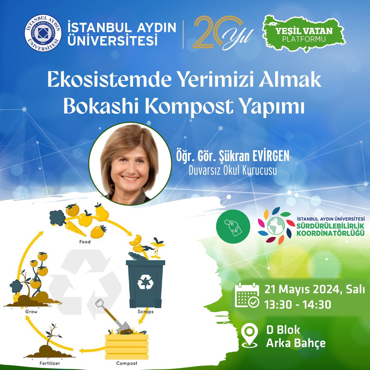 IAUKampus's tweet photo. İAÜ Sürdürülebilirlik Koordinatörlüğü ve Yeşil Vatan Platformu iş birliğiyle Ekosistemde Yerimizi Almak, Bokashi Kompost Yapımı etkinliği yapılacaktır.
📌 21 Mayıs 2024 Salı
📌 13.30-14.30
📌 D Blok Arka Bahçe https://t.co/JjEnkj4yOu