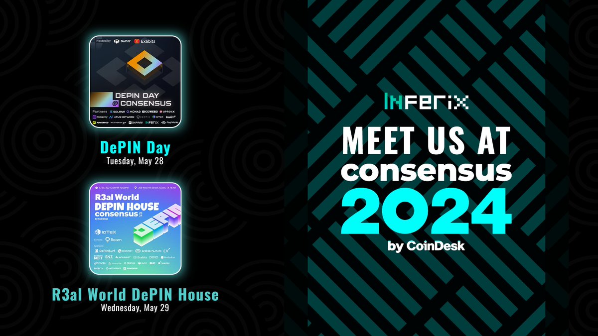 The Inferix team will be at #Consensus2024! Meet us at these events ↓ 🔗 DePIN Day @ Consensus | Tuesday, May 28 lu.ma/mwqd3dok 🔗 R3al World DePIN House @ Consensus 2024 | Wednesday, May 29 lu.ma/r3al-world-dep… We'd love to connect & meet up during the