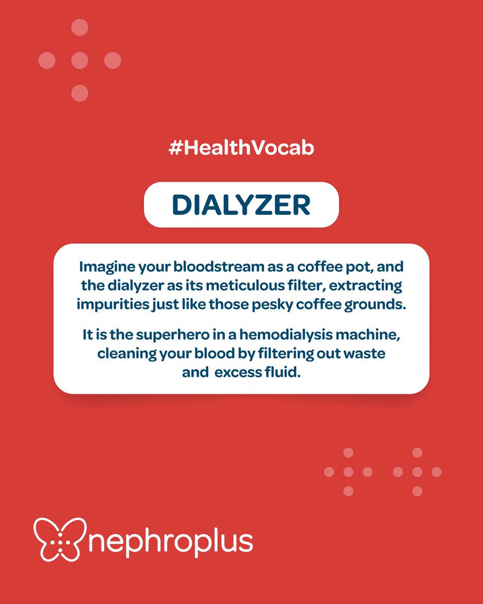 The dialyzer serves as a vital tool, purging toxins and excess fluid from your bloodstream, restoring balance and vitality during dialysis. Its intricate filtration system mimics the functions of a healthy kidney, offering rejuvenation and relief to dialysis guests. #HealthVocab