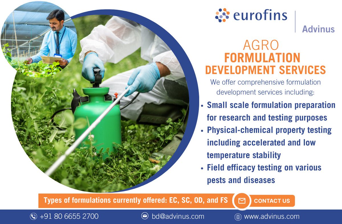 Eurofins Advinus leads the way in comprehensive agro formulation development services, from small-scale research to rigorous field efficacy testing. Contact us at bd@advinus.com for your formulation requirements. 

#FormulationDevelopment #cropprotection #efficacytesting