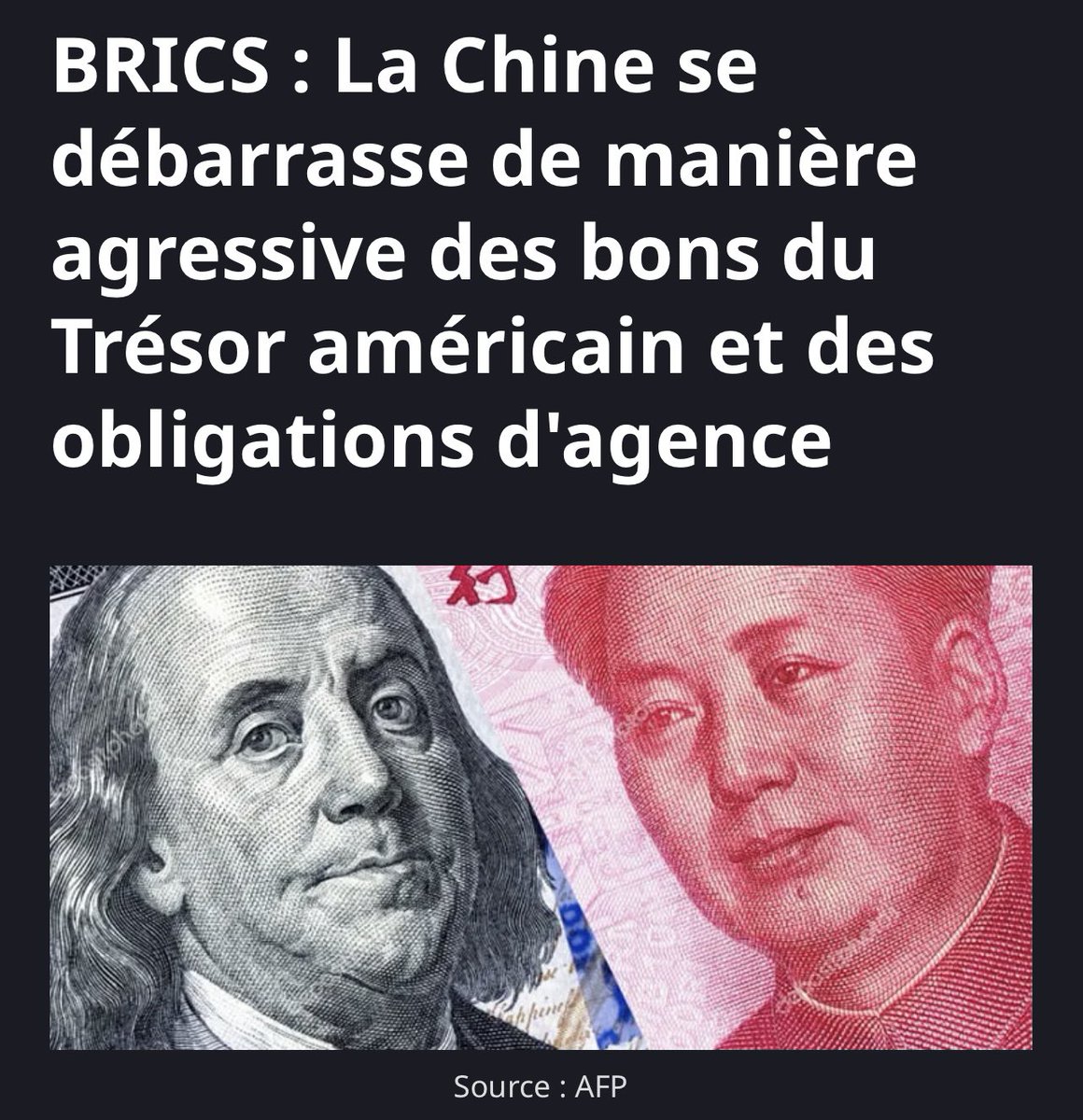 🔴 La Chine, membre des BRICS, s’est débarrassée d’un nombre record de bons du Trésor américain et d’obligations d’agences, d’une valeur de 53,3 milliards de dollars. Historiquement, il s'agit de la plus grande liquidation initiée par la Chine jamais enregistrée et survenue au