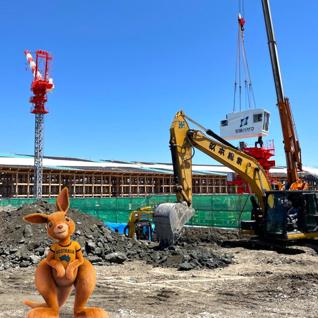 Our mascot Ruby went to check out the #Expo2025 site in Osaka. With all the cranes and diggers in action, construction for the #AustraliaPavilion has officially begun🏗 マスコットのルビー🦘が 万博会場を視察。#オーストラリアパビリオン の建設がフル回転で始まっています🛠️#RubyinJapan