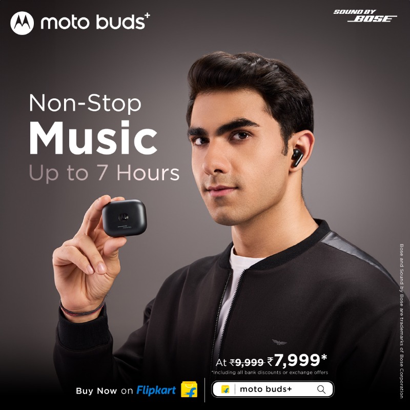 motorolaindia's tweet photo. The #MotoBudsPlus boast up to 7 hours of playtime, with massive 38 hours of playback time in just 10 minutes. Experience your audio without interruption.
Buy Now @flipkart & https://t.co/azcEfy1Wlo.
#SoundOfPerfection