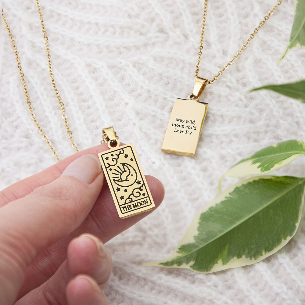 Inspired by the moon tarot card, this unusual gold plated necklace can be personalised on the back of the pendant with any message lilybluestore.com/products/perso… #jewellery #tarot #giftideas #giftsforher #mhhsbd #earlybiz