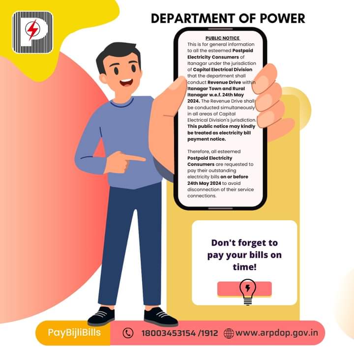 doparunachal's tweet image. #Attention_DearConsumers

Capital Electrical Division, DOP will be conducting a #RevenueDrive w.e.f. 24th May 2024 in Itanagar Town &amp;amp; Rural Itanagar, simultaneously. To avoid disconnection, we urge all consumers to settle their dues in advance.

We appreciate your cooperation.