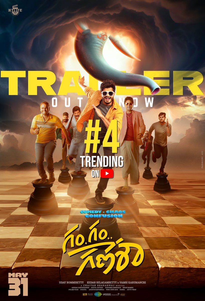 DRUM ROLL🥁 Trending #4 everywhere! Don’t miss out on this chaotic trailer Watch here youtu.be/wBZ7EUIM7fY?si… In Cinemas from May 31st #GGG #GamGamGanesha @ananddeverkonda @UrsNayan @officialpragati @udaybommisetty @hylifeE #KedarSelagamsetty @thisisvamsik @saregamasouth