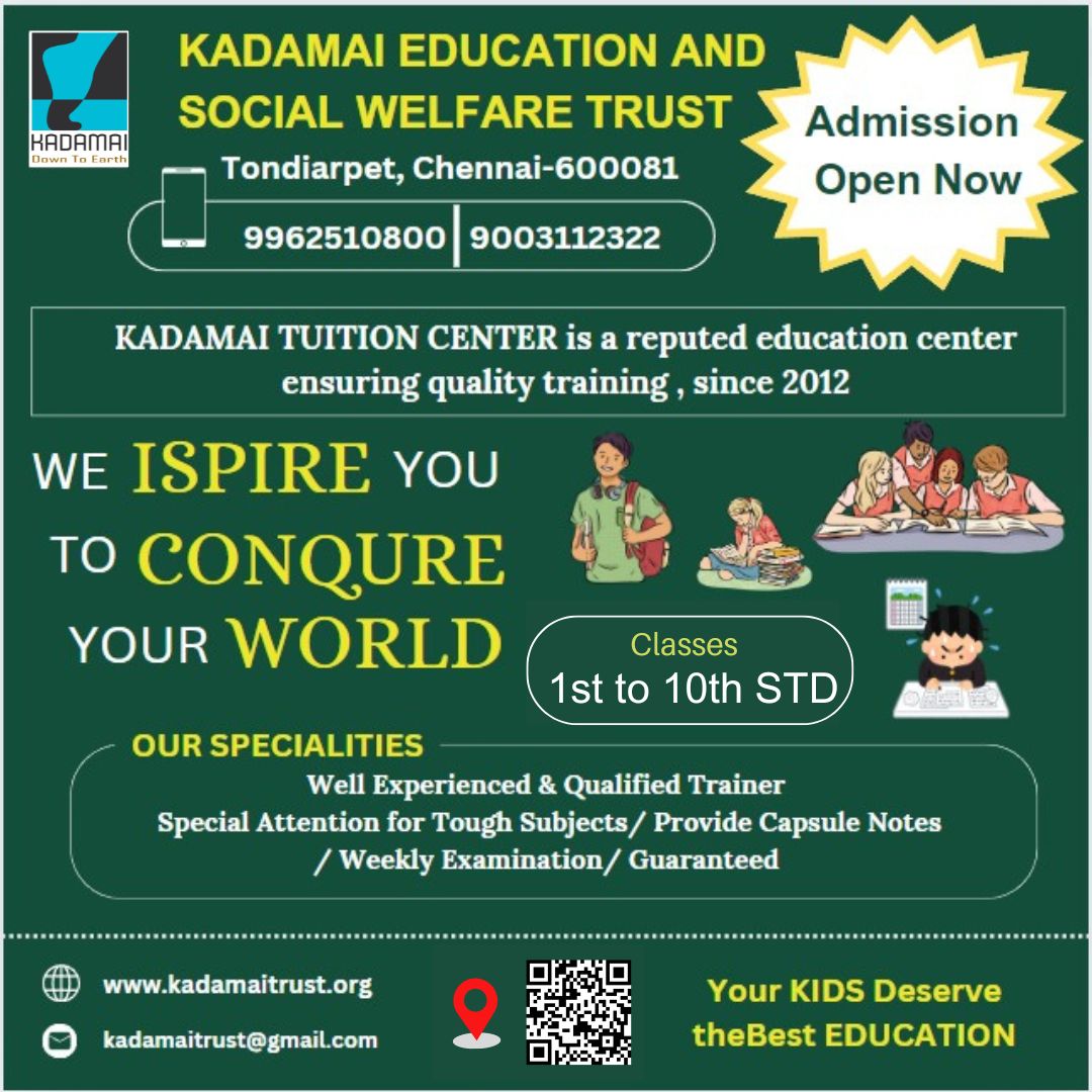 Admission Open Now !!!! #kadamaieducation,#education,#employment,#empowerment,#womenlivelihood,#northchennai,#studentempowerment,#kadamai,#women,#empowerment,#india's first Auto and Bike Oxygen Ambulance #Child Abuse, #child safety Care.