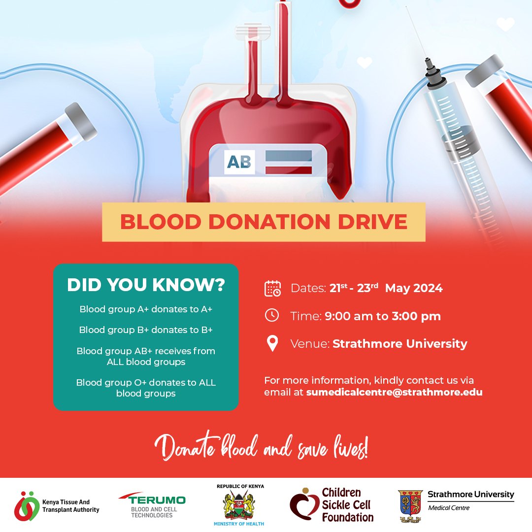 Donate blood and save lives.

We will be hosting a 3-day blood donation drive.
📍Strathmore University
🗓️ 21st - 23rd May 2024

Every drop of blood counts. Every donor is a hero.

#BecauseWeCare #ServiceToSociety