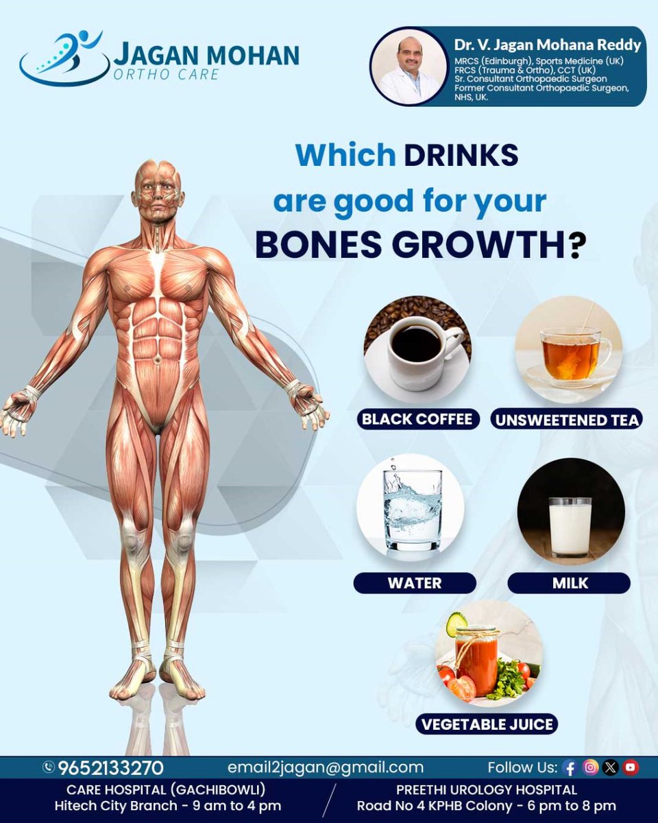 Boost your bone health!  Enjoy milk, fortified plant-based drinks, and orange juice for calcium and vitamin D. Sip on bone broth for collagen and try smoothies with leafy greens for extra nutrients! 

#drjaganortho  #BoneHealth #StrongBones #CalciumRich #HealthyDrinks