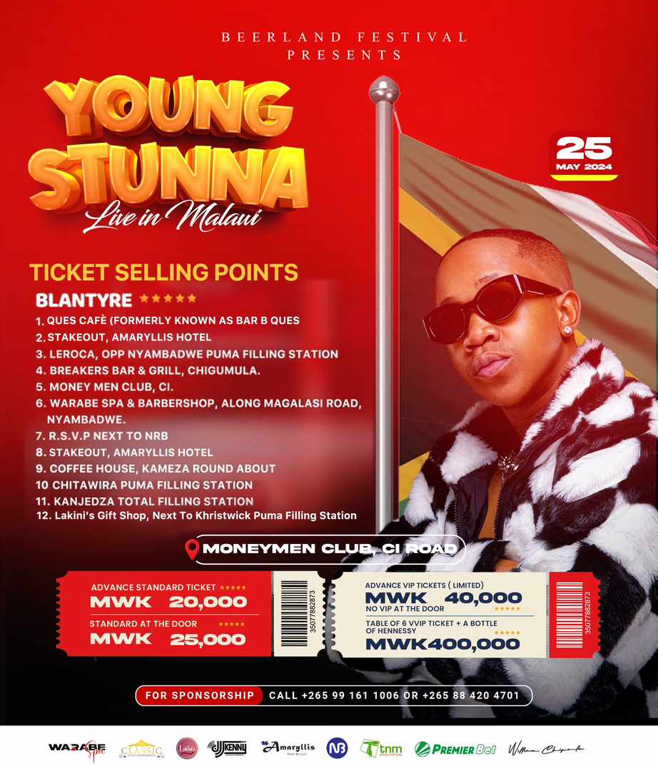 4days to go 🔥 🔥
YOUNG STUNNA Concert

BLANTYRE yose ilinkati 🔥🔥🔥🔥🔥 BEERLAND FESTIVAL 🔥

#BeerlandYoungStunna 
#YoungStunnaLiveInMalawi 
#YoungStunnaMalawi