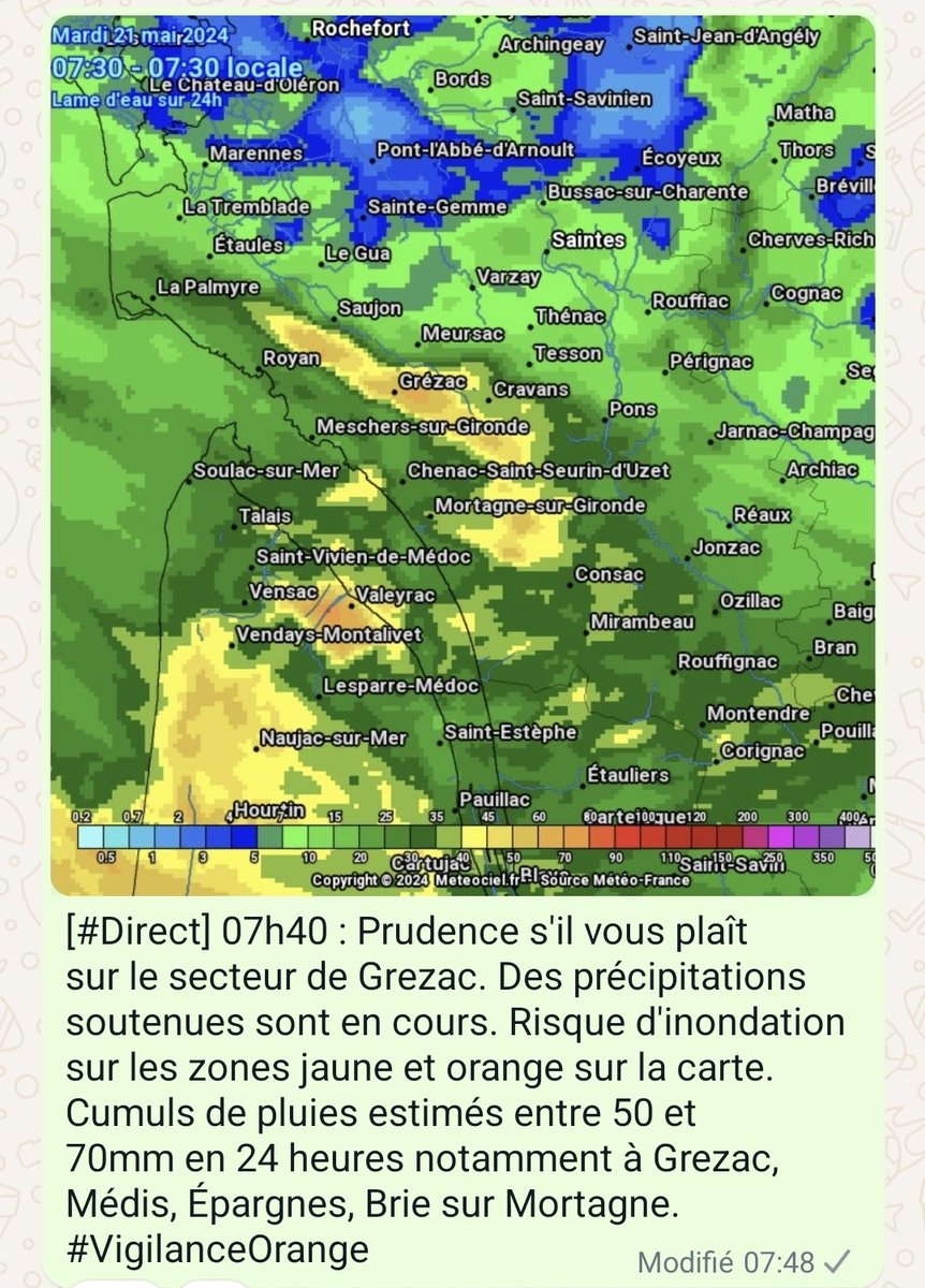 [#Direct] 07h40 : Prudence s'il vous plaît sur le secteur de Grezac. Des précipitations soutenues sont en cours. Risque d'inondation sur les zones jaune et orange sur la carte. Cumuls de pluies estimés entre 50 et 70mm en 24 heures notamment à Grezac, Médis, Épargnes.