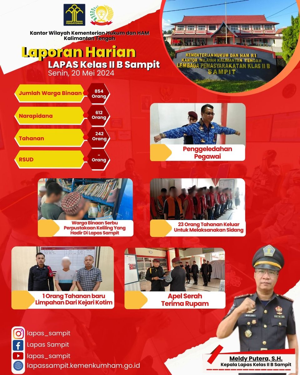 Halo Pahari#lapassampit

Berikut adalah Laporan Harian kegiatan di Lembaga Pemasyarakatan Kelas IIB Sampit, Senin 20 Mei 2024.

Humas Lapas Sampit.
#kemenkumhamri
#kemenkumhamkalteng
#kanwilkemenkumhamkalteng
#hendraekaputra
@kemenkumhamri
@yasonna.laoly
@ditjenpas