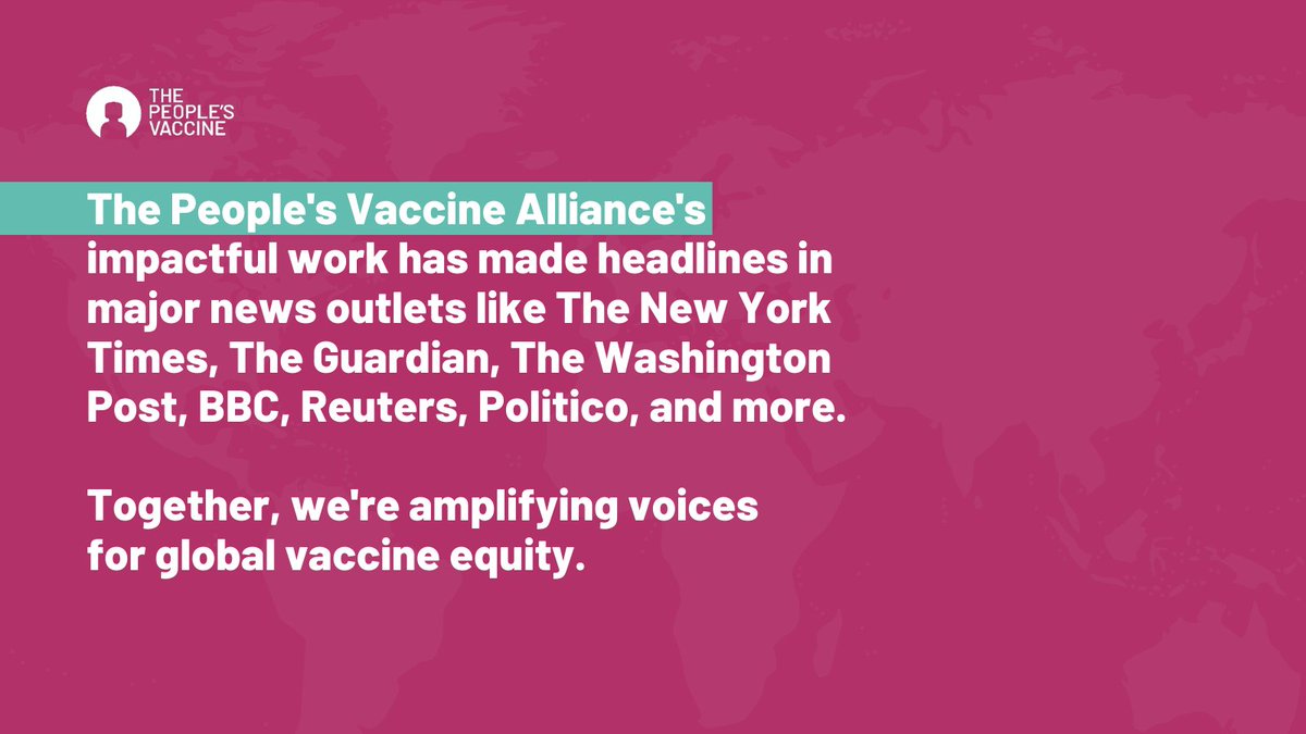 PVA's impactful work has garnered attention from major news outlets like The New York Times, The Guardian, The Washington Post, BBC, and more. We'll keep amplifying voices for global vaccine equity and pushing for fair health resources worldwide. peoplesvaccine.org/impact/