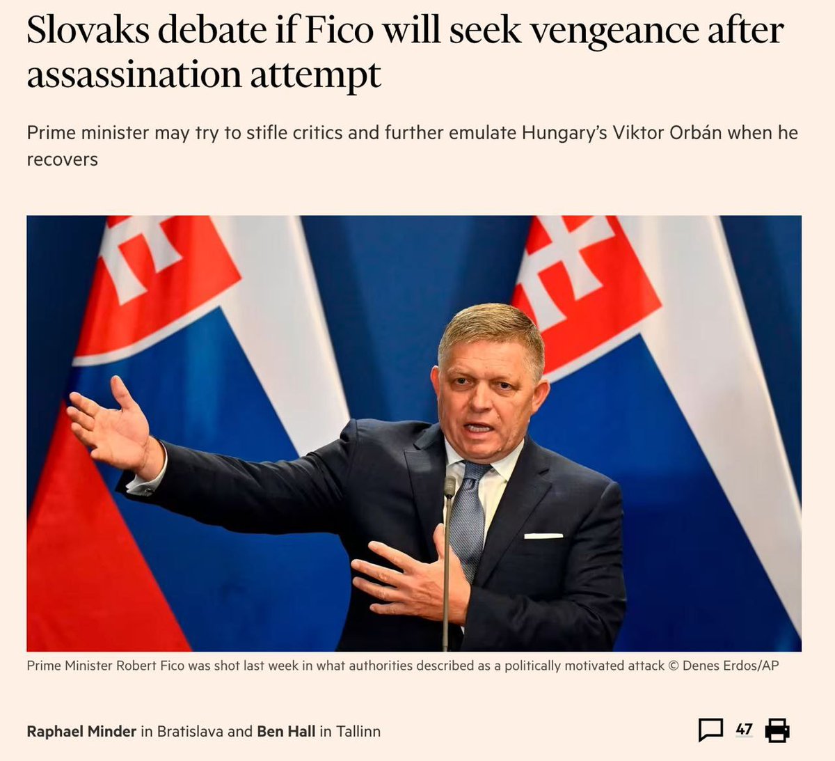 While the Slovakian Prime Minister is recovering from multiple gunshot wounds from the assassination attempt, Financial Times' reporting is devoted to smearing him with speculations of possible 'vengeance'.