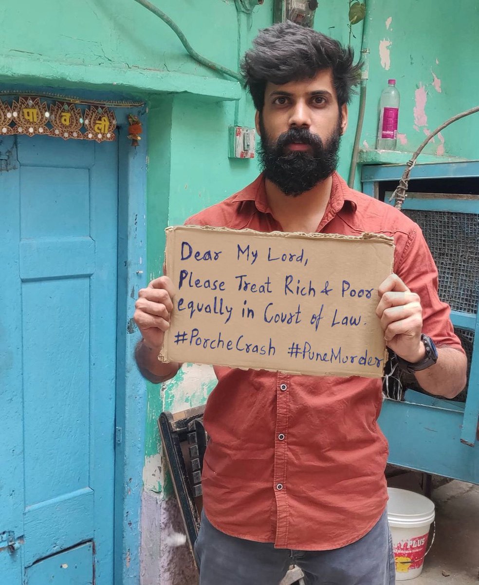 ThePlacardGuy's tweet photo. A 17 years and 8 months old guy driving a Porsche while being drunk at 200kmph k!IIs 2 people in Pune and the court grants him bail on the condition that he must write a 300 words essay on the incident.

Please font reduce court of law to a mere joke. https://t.co/zEQoAkUE2A