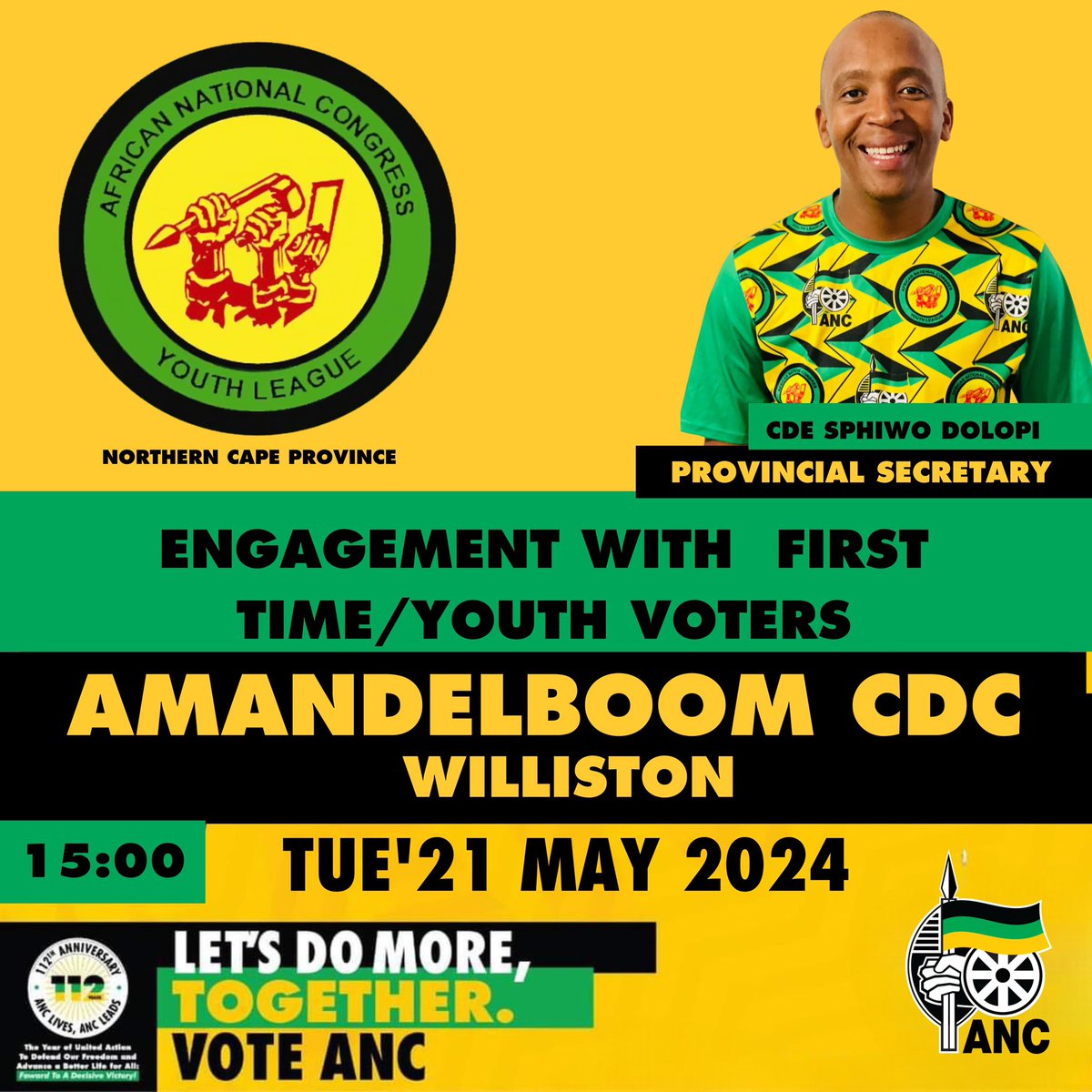 HAPPENING TODAY| ANC YOUTH LEAGUE FIRST TIME VOTERS ENGAGEMENT IN NAMAKWA Provincial Secretary Cde Victor Dolopi will lead first time voter engagement session in Williston, Namakwa. ⏱️ 15H00 📆 21 May 2024 📍 Amandelboom CDC #VoteANC2024 #LetsDoMoreTogether #ANCYLatWork