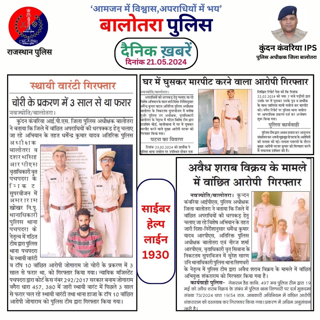 #Balotra: दैनिक खबरें -II 21.05.2024 @Kundan_IPS @Igp_Jodhpur @PoliceRajasthan #WellDoneCops #News #Police #GoodJob #Good_work #Good_action #RajasthanPolice #Post #Follow