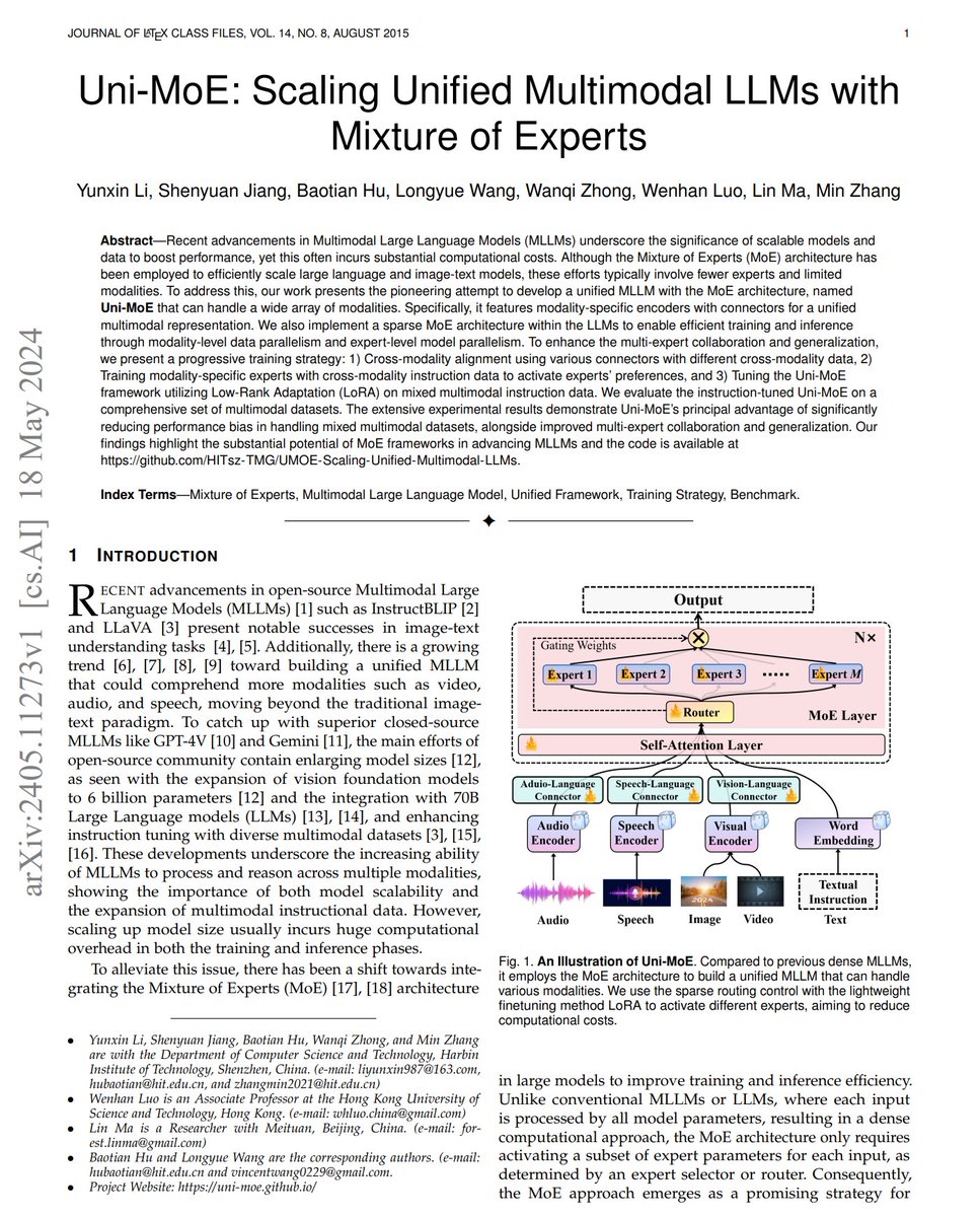 🥳We introduce Uni-MoE, a unified multimodal LLM based on sparse MoE architecture. It integrates 📹 video, 🖼️ image, 📄 text, 🔊 audio, and 🗣️ speech, supporting 8+ experts in parallel training across mixed modalities. 
🌈Paper: arxiv.org/abs/2405.11273. 
💐Project (Code, Data,