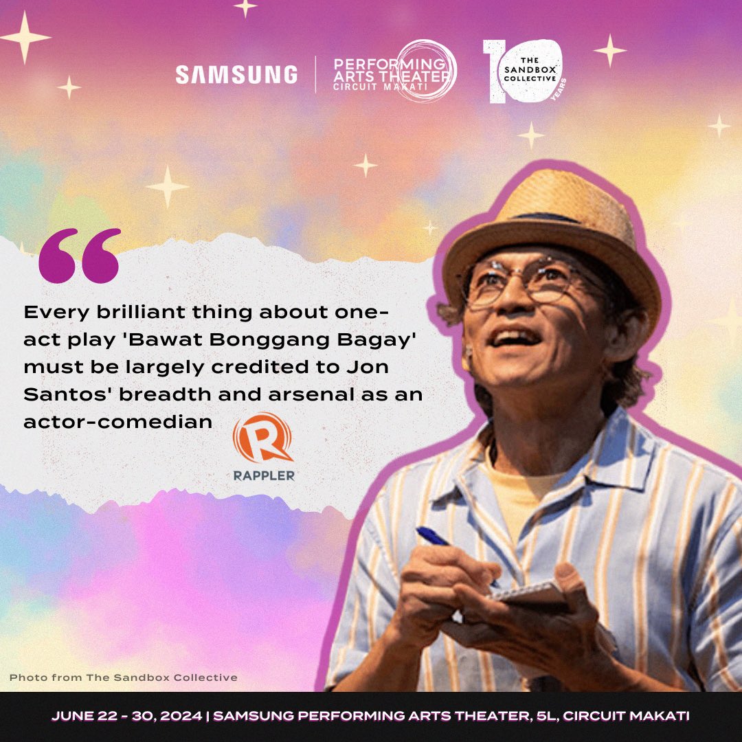 “Bawat Bonggang Bagay” returns to stage, this time at the Samsung Performing Arts Theater! 🎭 Jon Santos (@jonsantosonline) will be reprising his role with his signature flair and virtuosity to bring an incredible experience together with his audience.